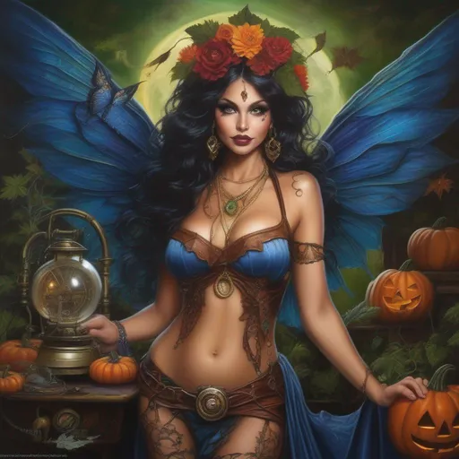 Prompt: ((Hyper real painting)). ((Wide angle)). Halloween night.  Shes a ((colorful)), steam punk, belly dancer, (Witch). A ((spectacular)), winged, Cannabis fairy. ((A very beautiful)), buxom, shapely woman with, ((Anatomically real hands)), and ((vivid)), ((colorful)), ((extremely, bright eyes)), ((high res detailed illustration)).  ((Cinematic)). ((Style of Richard Estes)). ((Zoomed out)). ((Enscape render)). She is wearing a skimpy, ((colorful)), ((gossamer)), ((flowing outfit)).  trending on Artstation. Concept art.