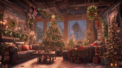 Prompt: Hyper realistic, Unreal engine, Ink punk style, Christmas scene, Indoors, Christmas lights in multi-color