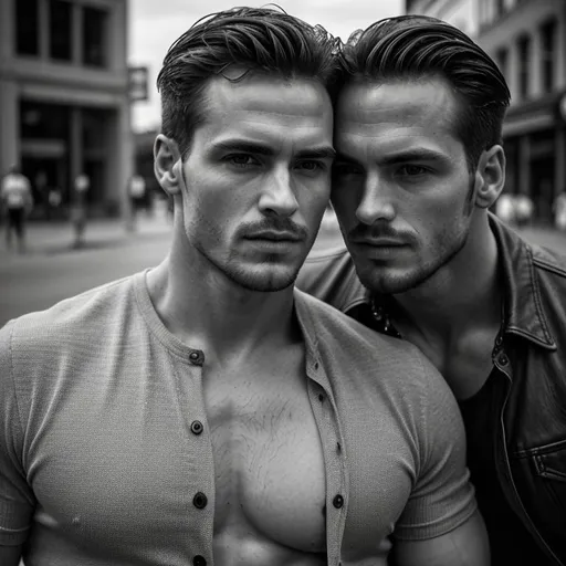 Prompt: Close-up, casual, hyperrealistic, perfect photographic composition, two extraordinarily atractive masculine men, in a random place in public, grayscale, casual, masterpiece of homoerotic photography,