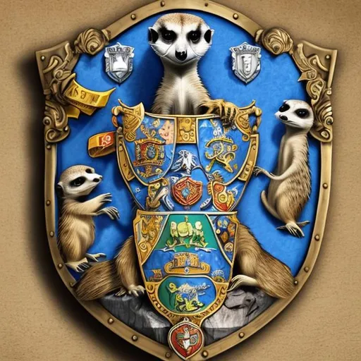 Prompt: Coat of arms, meerkat support, shield blue, coins, eye