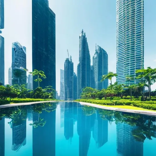 Prompt: Futuristic City White tall skyscrapers overgrown lush green plants reflection pool light blue sky
