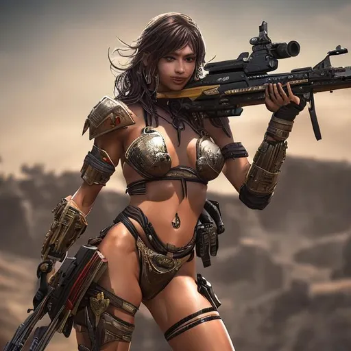 Prompt: hot lady warrior in bikini wit gun 8k

