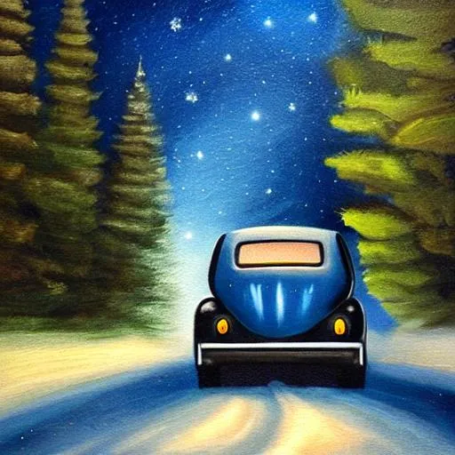 Prompt: an oil painting of back of an old dark blue Volkswagen riding at dark night on a road surrounded by pine trees