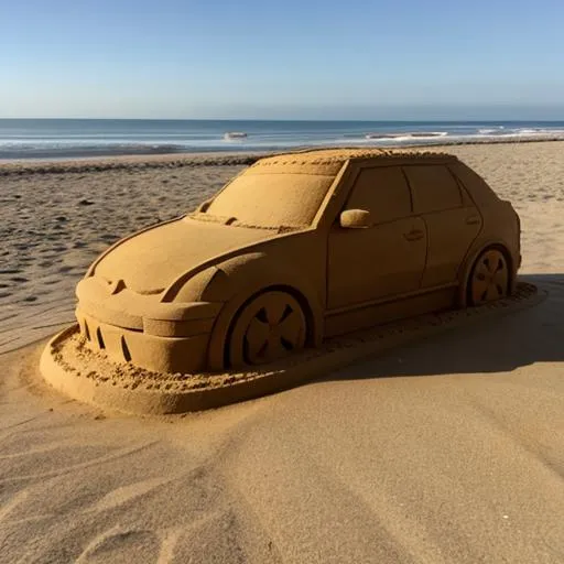 Prompt: Car sand sculpture on the beach summer