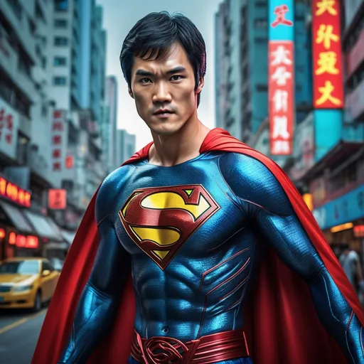 Prompt: one hybrid superhero character, Mix superman and Bruce Lee, in realistic background of Hong kong, vibrant colors, intense facial expression, detailed armor and cape, 4K, detailed facial expression, superhero, vibrant colors, intense gaze, advertisement-worthy, realistic, detailed illustration, professional, vibrant lighting
