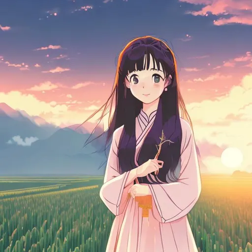 Prompt: aesthetic profile picture anime ghibli, vietnamese girl wearing ao dai traditional vietnamese outfit, rice field background, cute, wlop, sunrise, 