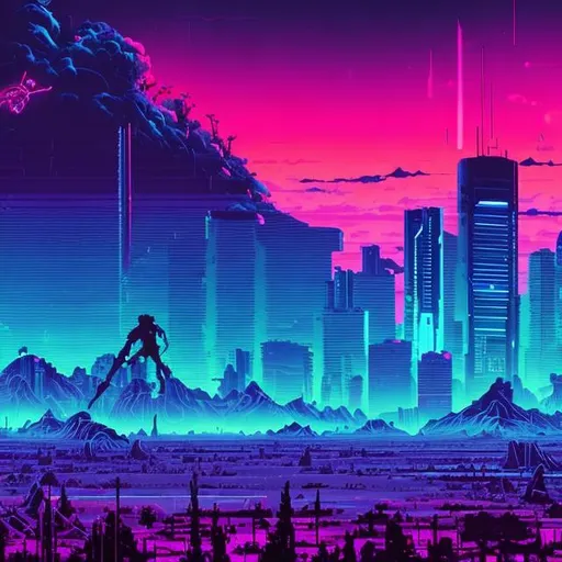 Prompt: Synthwave desolate destroyed world.