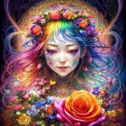 Prompt: Goddess of rainbows, warm light, friendly face, vitality, joy of life, roses with rainbow colour gradient petals, scenic environment by Noriyoshi Ohrai, Larry Carlson, Michael Cheval, Josephine Wall, Photograph Taken on Nikon D750, Intricate, sinister, Elegant, Digital Illustration, Scenic, Hyper-Realistic, Hyper-Detailed