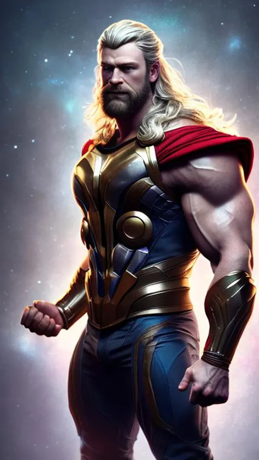 Prompt: ((best quality)), ((masterpiece)), ((realistic)), (detailed) hd octane render, trending on artstation,illustration photographic, digital painting, attractive, muscle thor,galaxy ,full body,dynamic pose, galaxy hair,masterpiece face,elegante,8K quality,vivid colors