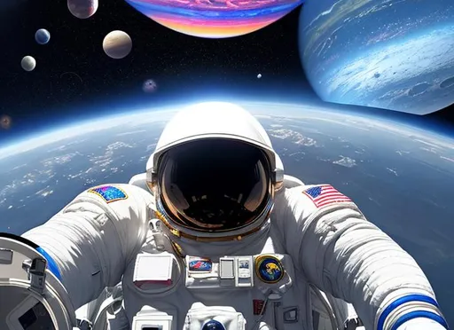 Prompt: space, astronaut, spaceman, open plan perspective, perfect structures, iridescent illumination, planets backdrop.