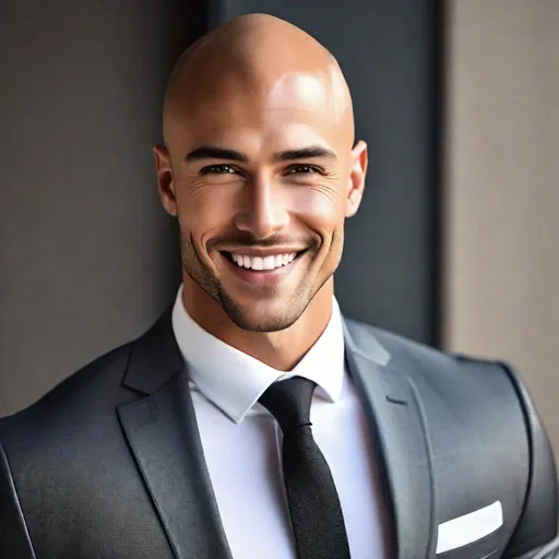 Prompt: Attractive, pretty, very muscular, large shoulders, young man, bald head, tight clothes, confident posture, smiling, professional ambiance, high quality, realistic, cool tones, lighting, professional, realistic, detailed, confident, tailored suit, smiling, masculine, muscular, high quality, cool tones, professional ambiance