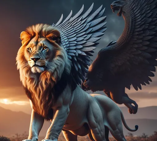 lion with 2 magnificent wings ridden by warriors. 3D... | OpenArt