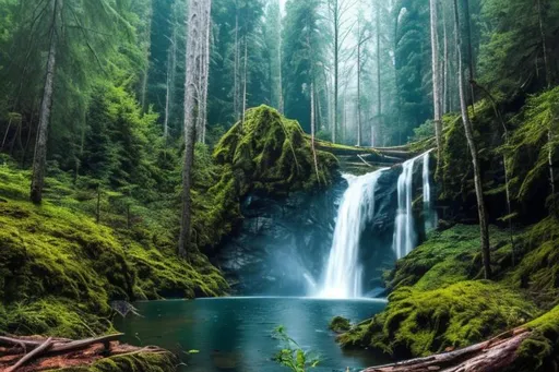 Prompt: Forest clearing with a waterfall and lake