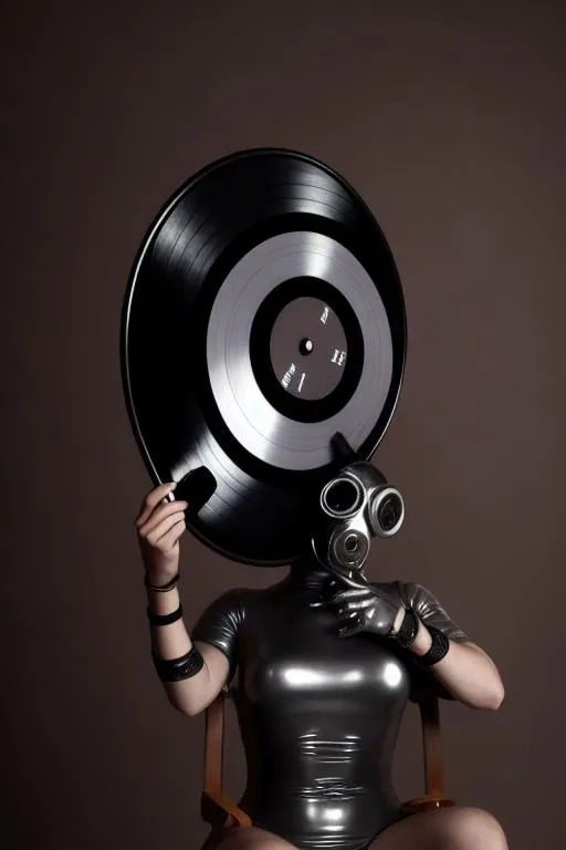 Prompt: people with four arms dressed in gray latex and gas masks listening to a vinyl record the cover of the record is made of latex