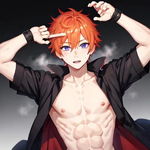 Prompt: Erikku 1male (short ginger hair, freckles, right eye blue left eye purple) shirtless