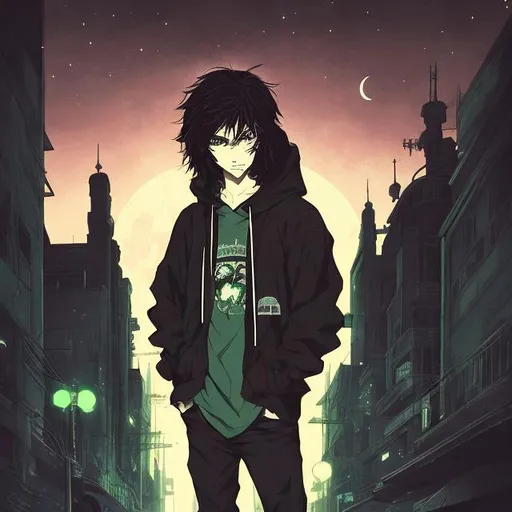 Prompt: anime art of a 30-year-old skateboarder with long dark brown hair, green eyes, and a black hoodie, staring at the moon, detailed hair and facial features, surreal moonlit atmosphere, professional, gothic, atmospheric lighting, male, futuristic city