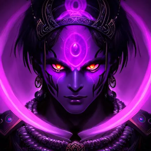 Prompt: Close up Portrait of a Sidapa, a god of death. Horror background. Horror. Has purple glowing eyes. Terror background. HD.