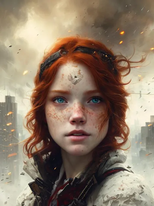 Prompt: Portrait  with red hair and with cute face, devasted city, perfect composition, hyperrealistic, super detailed, 8k, high quality, trending art, trending on artstation, sharp focus, studio photo, intricate details, highly detailed, by greg rutkowski