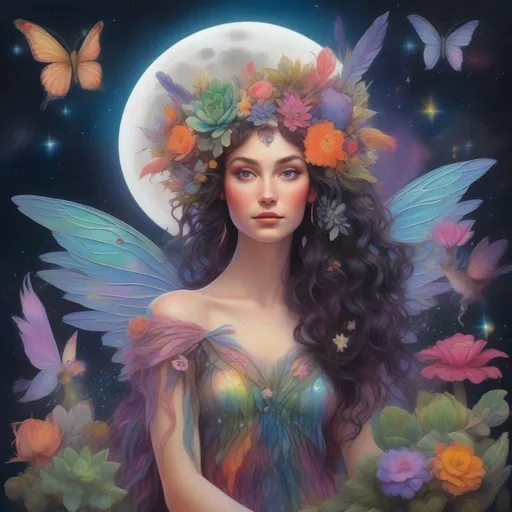 Prompt: A vibrantly and brightly coloured and colourful and beautiful head to toe Persephone as a fairy with iridescent fairy wings; with succulent, feathers and gems in her brunette hair. In a beautiful flowing dress made of plants. Surrounded by tiny fairies and clouds, in a painted style in a hyperrealistic Disney style framed by the constellations and the moon