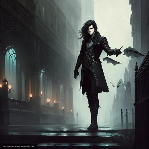 Prompt: Full body splash art of skinny male, vampire, androgynous, handsome, wavy white hair, very pale skin, red eyes, dark medieval victorian noble clothes, elegant, highly detailed, intricate, smooth, sharp focus, artstation, digital painting, concept art, art by greg rutkowski, alphonse mucha and John William Waterhouse, dark, eerie, gothic, creepy, romantic