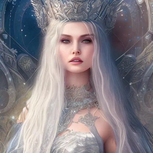 Prompt: Fantasy style, a hyper realistic detailed portrait, perfect composition, 4k, beautiful young princess, covered in nightly glow, silver armour over white coloured sheer gown, body facing forward, long white hair, orange eyes. celestial stary night sky backdrop