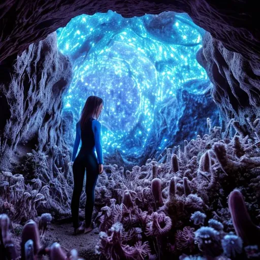 Prompt: One woman freediver in the blue deep, dark space, glowing, luminescent algae, Dark Cave, silver wetsuit, mushrooms, bid space, long hair swimming, long algae, Frozen in space