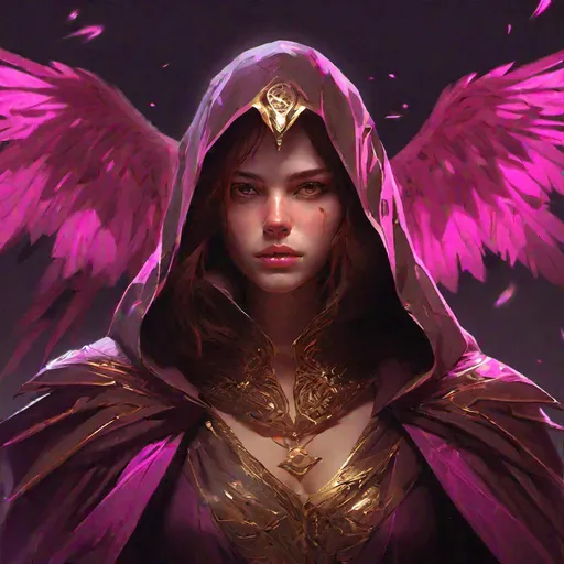Prompt: young girl with glowing fuchsia eyes, brown mahogany hair, sharp teeth behind pouting lips, light cloak with golden filigree, ravens, concept art, epic lighting, finely-tuned, octane rendering
