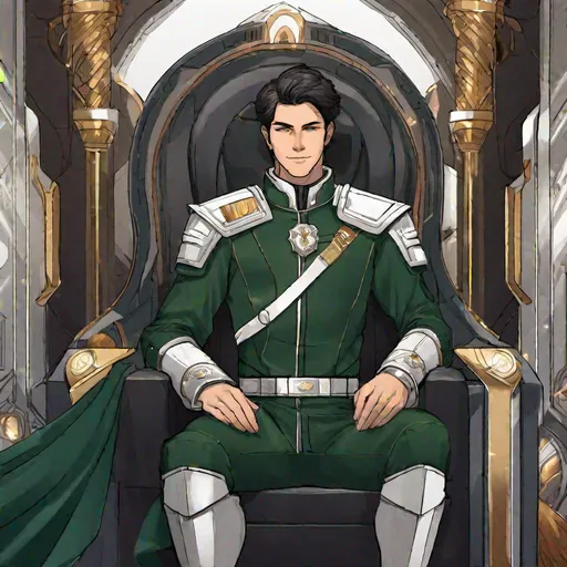 Prompt: A scifi noble in dark green uniform. White details. He is a grown man. Dark hairs. A white mantle. The background is a scifi throne room. Rpg art. Rpg. 2d art. 2d. Well draw face. Detailed. 