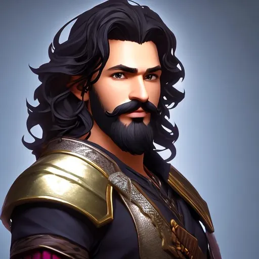 Prompt: fantasy character art,40-year-old male,dark-skinned,hair is short on sides and longer on top,wavy black hair,neatly-trimmed beard,necromancer,black-armor