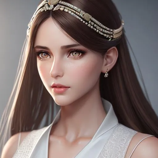 Prompt: portrait of a woman wearing a white dress, straight brown hair, blessed, shiny honey eyes, detailed lips, mesmerizing, gorgeous, stunning, highly detailed concept art, high resolution scan, hd octane render, intricate detailed, highly detailed face, unreal engine, trending on artstation, UHD, 8k, Very detailed