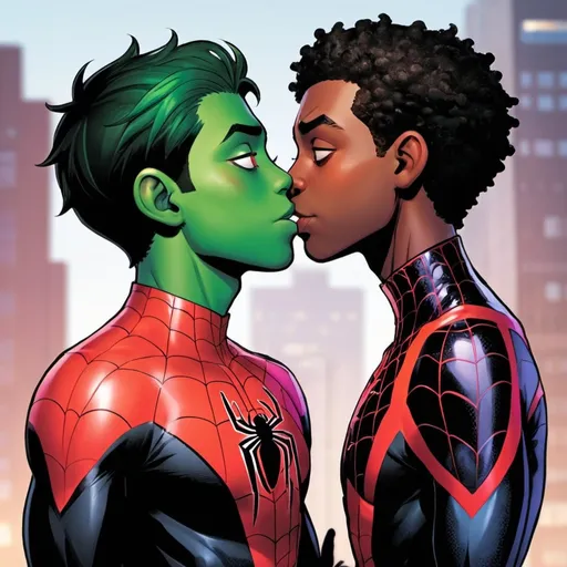 Prompt: Gay Beast boy and miles morales kiss