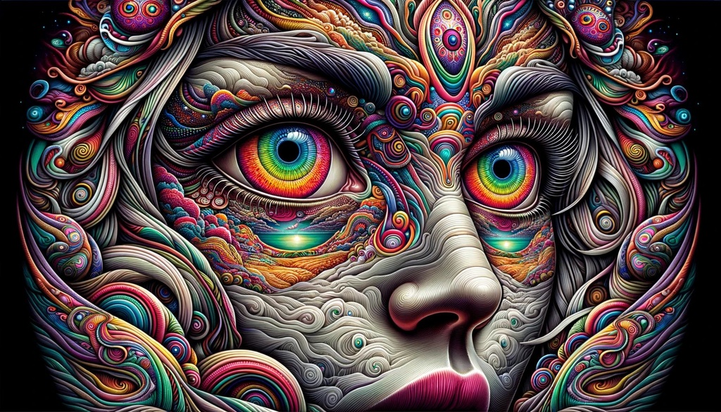 Prompt: Illustration of a woman with vibrant, multi-colored eyes that seem to capture otherworldly visions. Her gaze is intense, surrounded by intricate psychedelic patterns reminiscent of Dayak art. The background is filled with surreal landscapes, echoing the style of ethereal, atmospheric landscapes with intricate detailing.