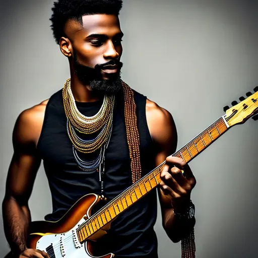 Prompt:  Beautiful black man shaven head ,standing next to a guitar,with big brown wooden beads necklace around his neck ,,realistic, super detailed, confident, 