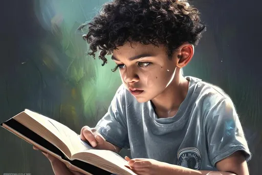Prompt: Top quality, masterpiece, very high, (photorealistic: 1.4), oil paint vs acrylic paint, Close-up rearview fullbody shot, Young boy, Facial details, (symmetrical black eyes, short black hair, light light brown skin) , clear facial details, clear skin details, activity details, (sitting cross-legged, reading a book, mineral bottle), In black robe, full body character, earth after human extinction, new beginning, nature takes back the planet, harmony, peace , the earth is balanced. Background (wooden table bookshelf, Arabic calligraphy, dusty, room interior, realistic), clear calligraphy details, Light effects (afternoon cinematic, colorful, foggy, smoking), colorful particle effects, clear calligraphy details, --V4 