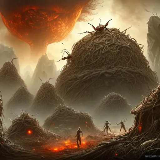 Prompt: fantasy art style, dystopian, ants, fire ants, giant ants, bullet ants, aliens, outer space, ant nest, underground, giant, giant ant nest, subterranean, evil, red lights, dark