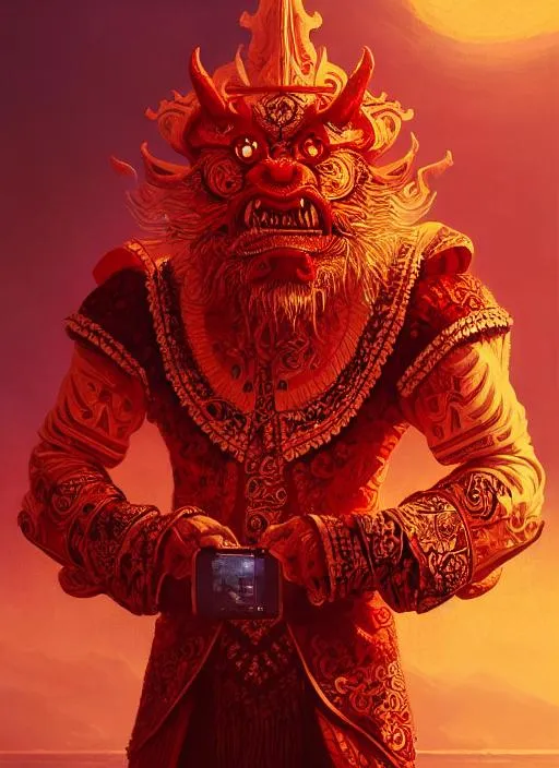 Prompt: Portrait of barong with red and with cute face, orange sunset background, perfect composition, hyperrealistic, super detailed, 8k, high quality, trending art, trending on artstation, sharp focus, studio photo, intricate details, highly detailed, by greg rutkowski