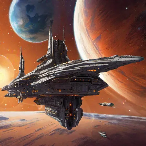 Prompt: a Scifi battleship space ship. frigate spaceship. starblazer art. art-station art. In background planet earth. rpg. rpg art. 2d art. 2d.