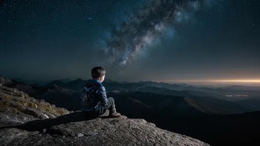 Prompt: A younger boy sitting on a mountain and starring at stars in the night sky alone,  hyperrealistic, hyperrealism, highly detailed, dark, 32k, photography, 1080p, cinematic Hyperrealistic, splash art, concept art, fictional characters, mid shot, intricately detailed, colour depth, dramatic, 2/3 face angle, side light, colourful background, HDR, beautifully shot, perfect composition, atmospheric, moody, sad vibe