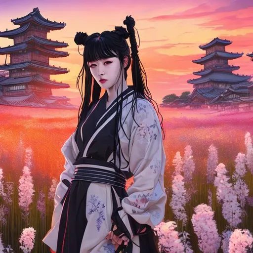 Prompt: Full body Portrait of Kpop irene cyberpunk samurai in flower field sunset