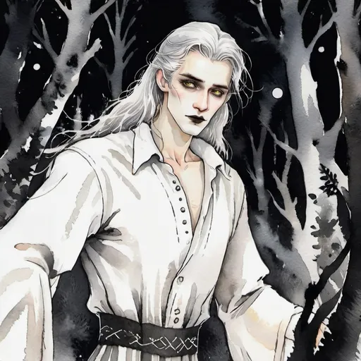 Prompt: A creature is standing in the dark forest, in the moonlight. He looks like a handsome, young man, but he has [very pale skin], [glowing yellow eyes], [extremely long, grey hair], [black lips] and [white, pointed fangs]. He is wearing a white peasant shirt.