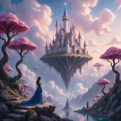 Prompt: A fantastical landscape unfolds, featuring a majestic castle perched atop a floating island, its vibrant turrets reaching for the sky against a backdrop of swirling, colorful clouds. The scene is bathed in a dreamlike glow, with hues of soft pink, blue, and purple illuminating the atmosphere, adding to the ethereal quality. Lush trees with whimsical, rounded canopies dot the terrain, intertwined with reflecting pools that mimic the hues of the sky. In the foreground stands a figure clad in a flowing blue dress, gazing in awe at the castle, while other silhouettes can be seen in the distance, mirroring the enchanting tranquility of this surreal environment. A sense of wonder and magical adventure permeates the scene, inviting viewers to lose themselves in this imaginative realm.
