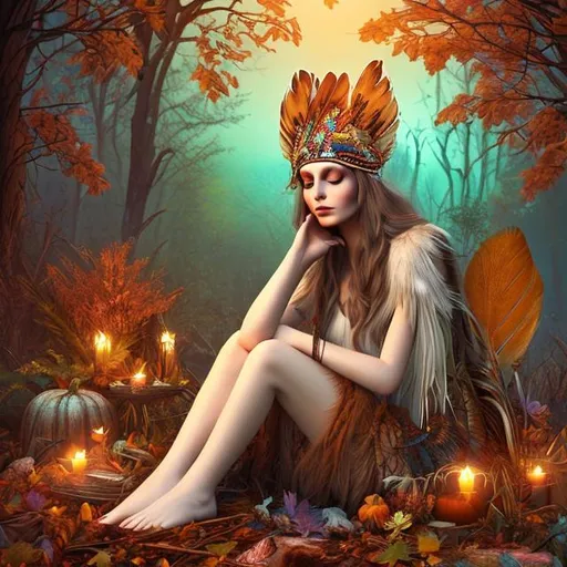 Prompt: A beautifull and pale goddess with a feather headdress sitting in the woods. Photorealistic. warm colours. a cat lies at her feet. Autumn Vibes. psychedelic patterns in the Background.