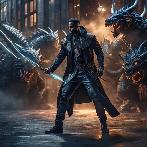 Prompt: Black Man magician in urban clothes holding a spear fighting abyssal monsters, hdr render, soft lighting , full body, digital painting, studio photo, intricate details, professional, highly detailed, 8k uhd, epic, stunning, in New York city, action shot, soft