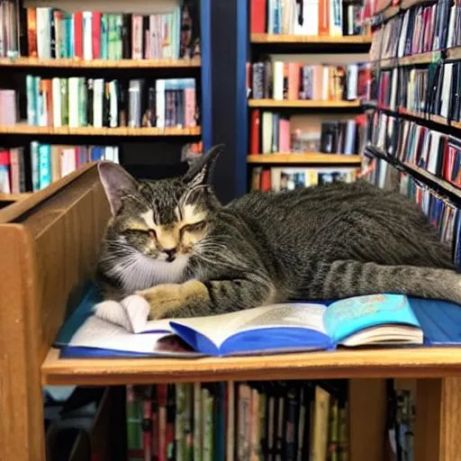 Prompt: sleeping book store cat