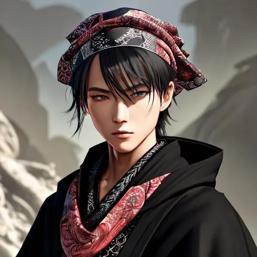 Prompt: A highly realistic and extremely detailed face full body portrait.  Wearing a black cloak over a his vagabond samurai kimono that he wears under and also wearing an intricate patterned bandana on his head and wearing a Cotton Shemagh Tactical Desert Scarf Wrapped on his neck. The character should be modeled after an fantastical Ronin young prince with handsome long, messy, and wavy silvery black hair, thin arched eyebrows, and striking golden eyes. An 18 year old stripling elf male character from Warcraft. The artwork should be created in either 4K or 16K resolution and should be of photo realistic quality."
((Width: 512)), ((Height: 627)))