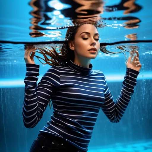 Prompt: Generate a photo of a young woman, wearing a  black long boots, dark blue jeans, long sleeve cocoa beach stripe shirt,  floating underwater portrait. She is enjoying being in her wet clothes, water dripping from her clothes, which are stuck to her body.  The image should show detailed textures of the wet fabric, a wet face, and plastered hair. The overall effect should be shiny and wet, with professional, high-quality details and a full body view.