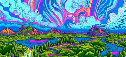 Prompt:  This image but done in the style of a cartoon psychedlic world