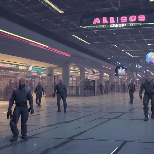 Prompt: allosaurus security guards in a busy alien mall, widescreen, infinity vanishing point, galaxy background, surprise easter egg