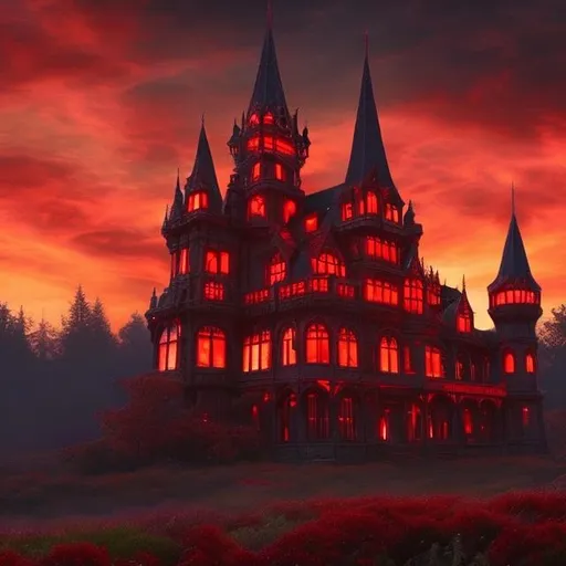 Prompt: A giant,evil,stunning,red,victorian castle with a red glowing sky
