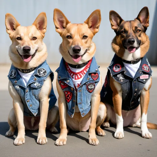 Prompt: dogs wearing a heavy metal music denim vest with patches in a group 